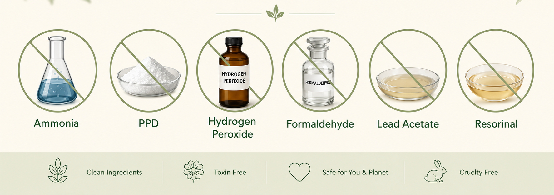 Ahoud Organics chemical-free hair care banner showing no ammonia, PPD, hydrogen peroxide, formaldehyde, lead acetate, and resorcinol.