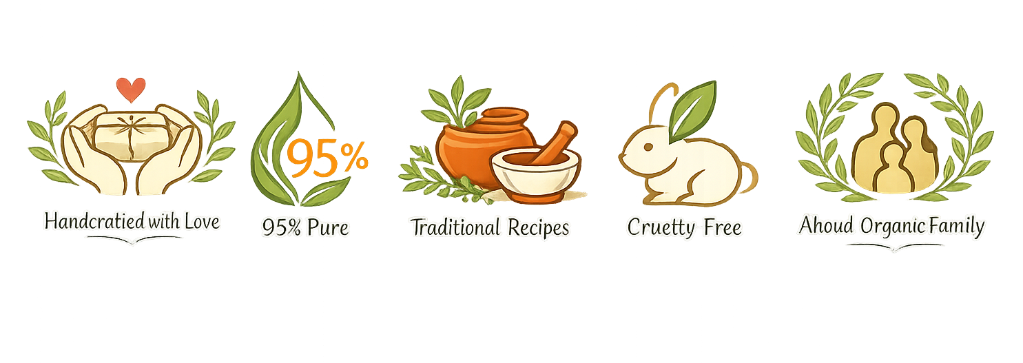 Ahoud Organics brand values icons featuring Handcrafted with Love, 95% Pure, Traditional Recipes, Cruelty Free, and Organic Family skincare principles