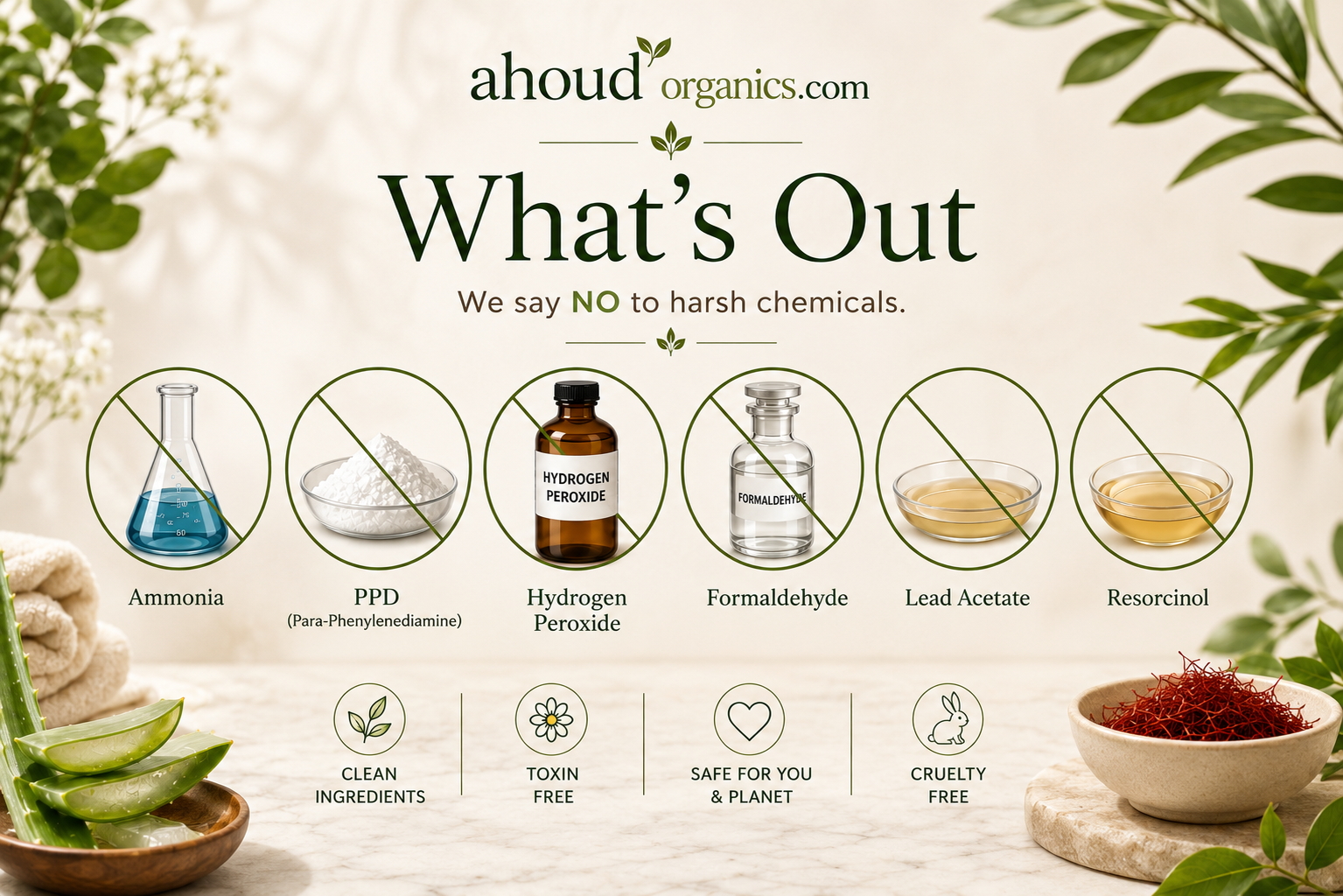 Ahoud Organics chemical-free hair care banner showing no ammonia, PPD, hydrogen peroxide, formaldehyde, lead acetate, and resorcinol.